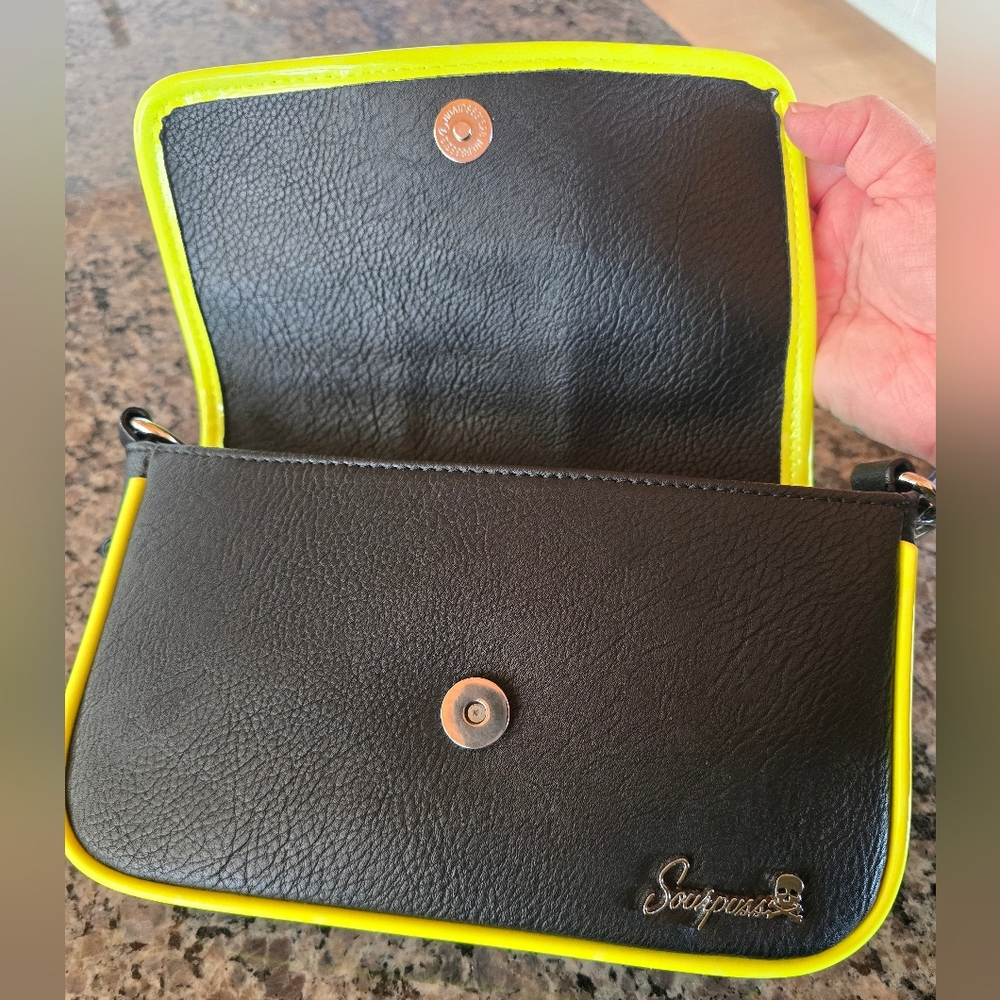 Brand New Sourpuss Neon Yellow, Black Faux Leather Studded Purse Cross Body Bag - Picture 5 of 7